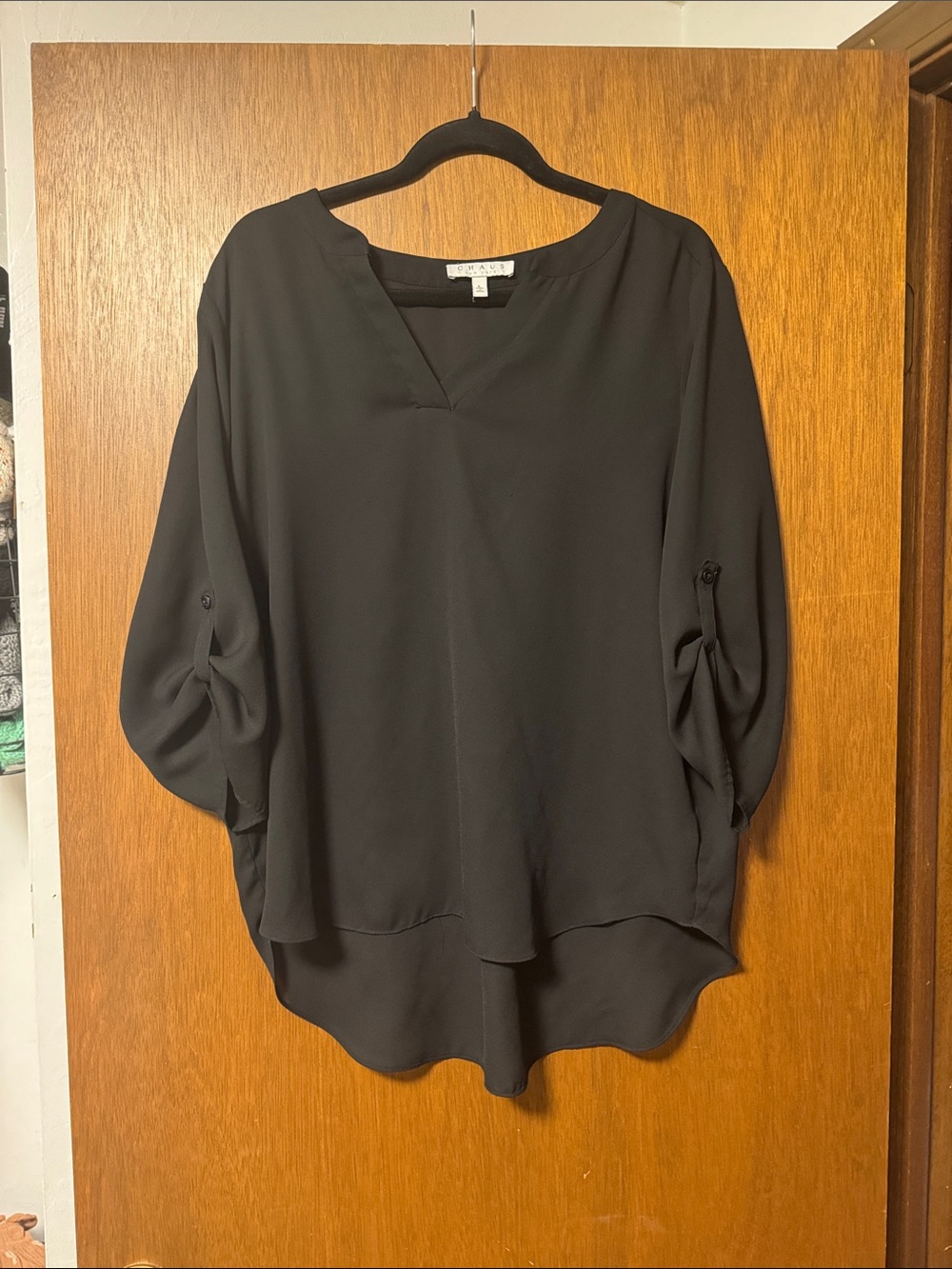 Chaus Black V-Neck Roll-Tab High-Low Blouse